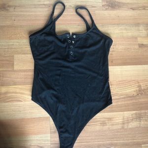 Black 1/4 button low cut bodysuit tank top